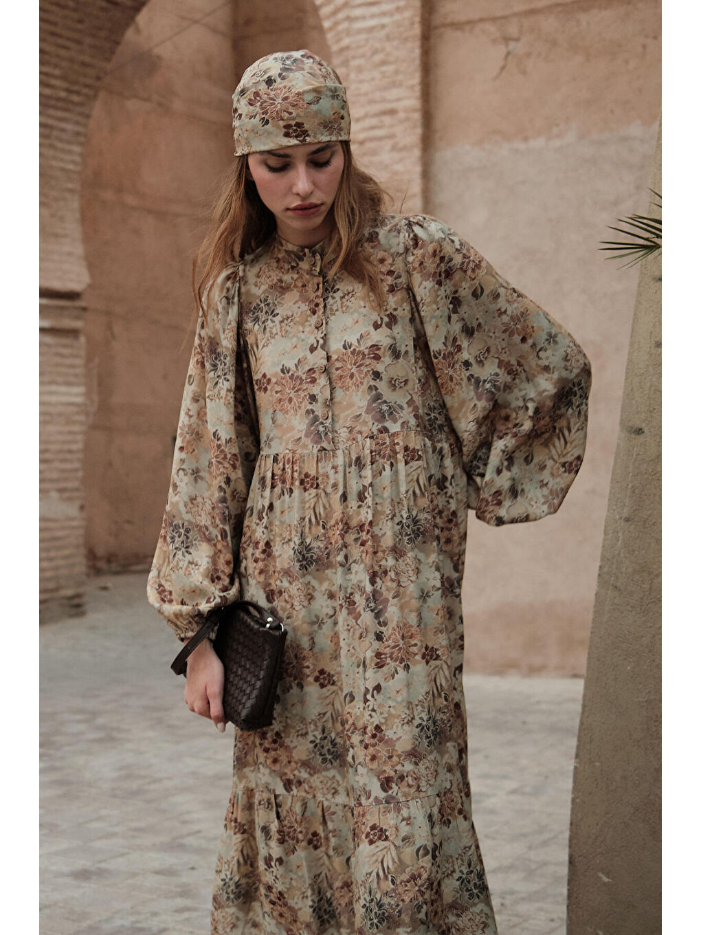 Bej Viskon Balon Kol Elbise Vıntage-1