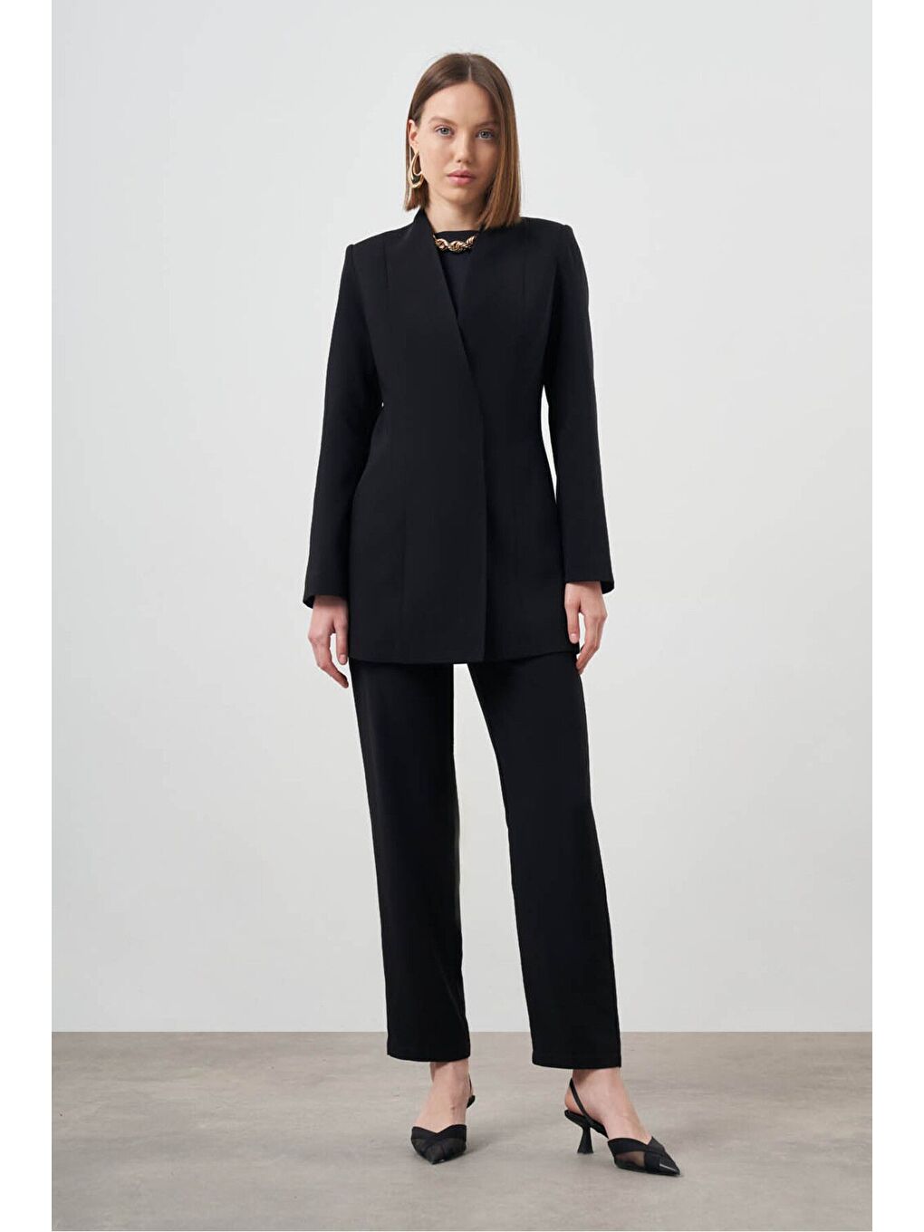 Yakasız Blazer Siyah Ceket-5