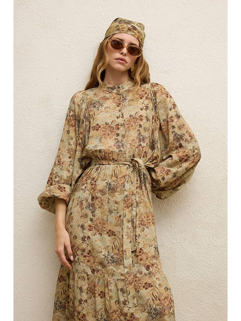 Bej Viskon Balon Kol Elbise Vıntage-2