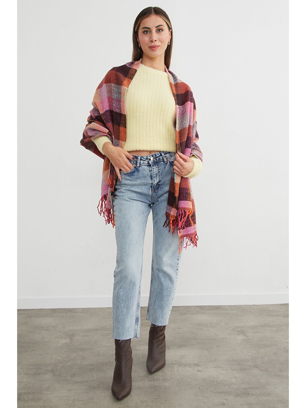 Pembe Ekose Desenli Yumuşak Dokulu Şal-2