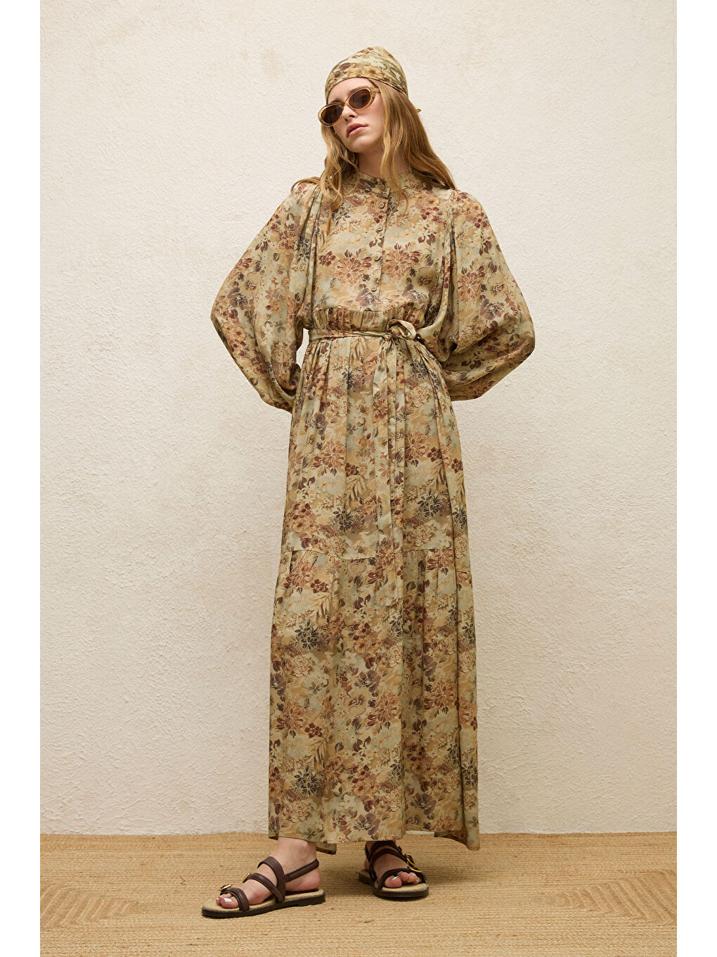 Bej Viskon Balon Kol Elbise Vıntage-3