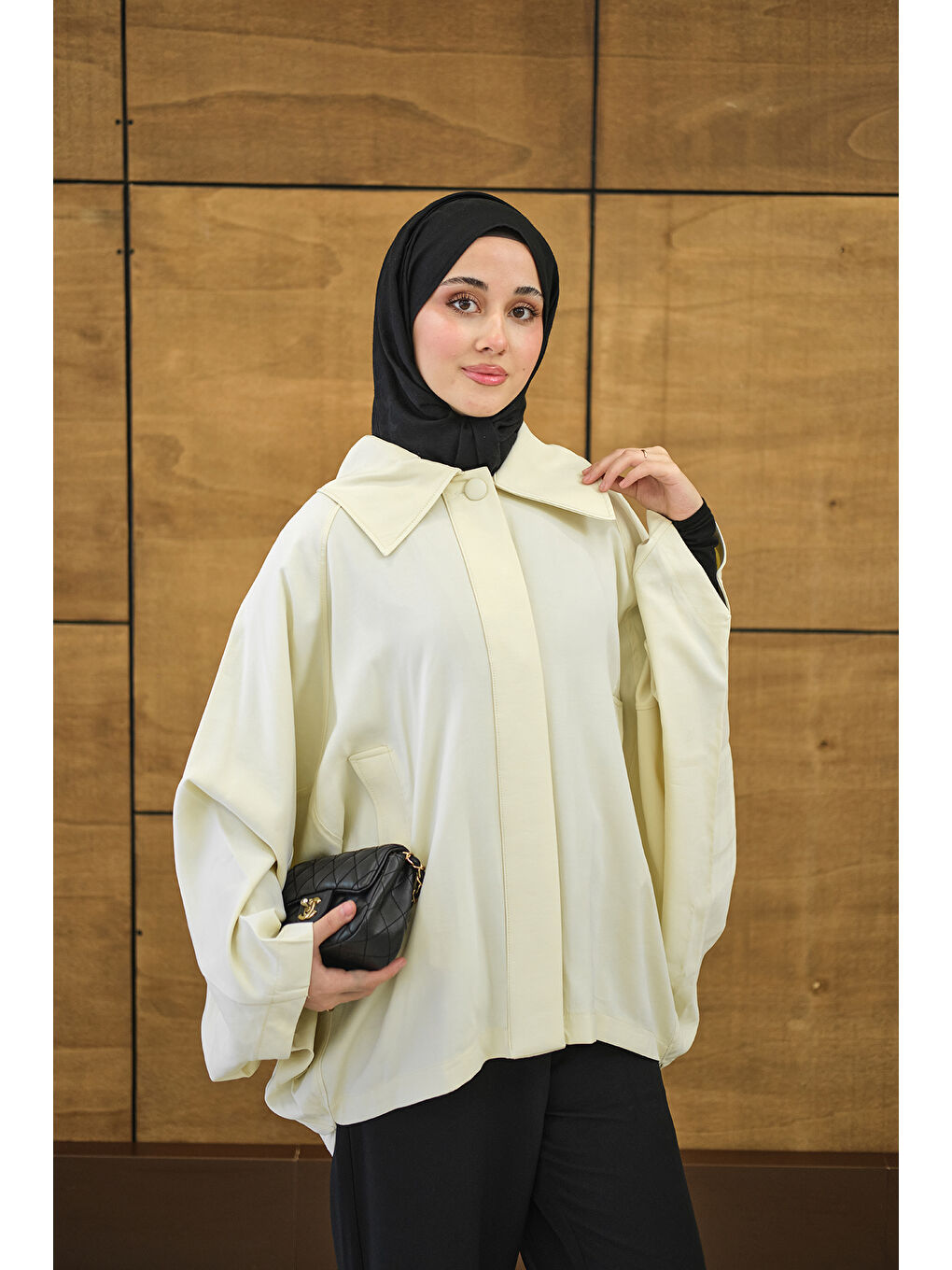 Kadın Gömlek Yaka Düğmeli Cep Detay Astarsız Oversize Tencele Panço Trenç Sarı-1