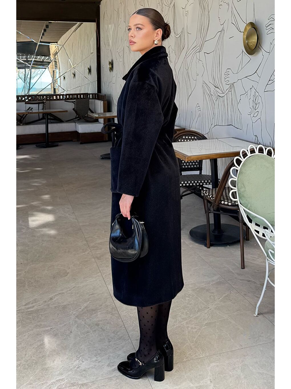 Siyah Kadın Gold Düğme Detaylı Bel Kuşaklı İç Astarlı Sakallı Kaban (s-m-l-xl Beden Uyumludur.)-4