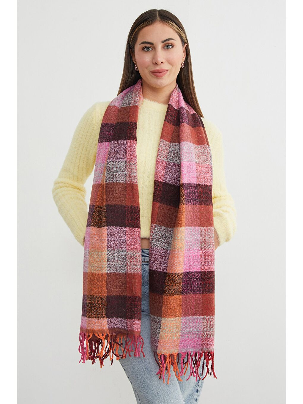 Pembe Ekose Desenli Yumuşak Dokulu Şal-4