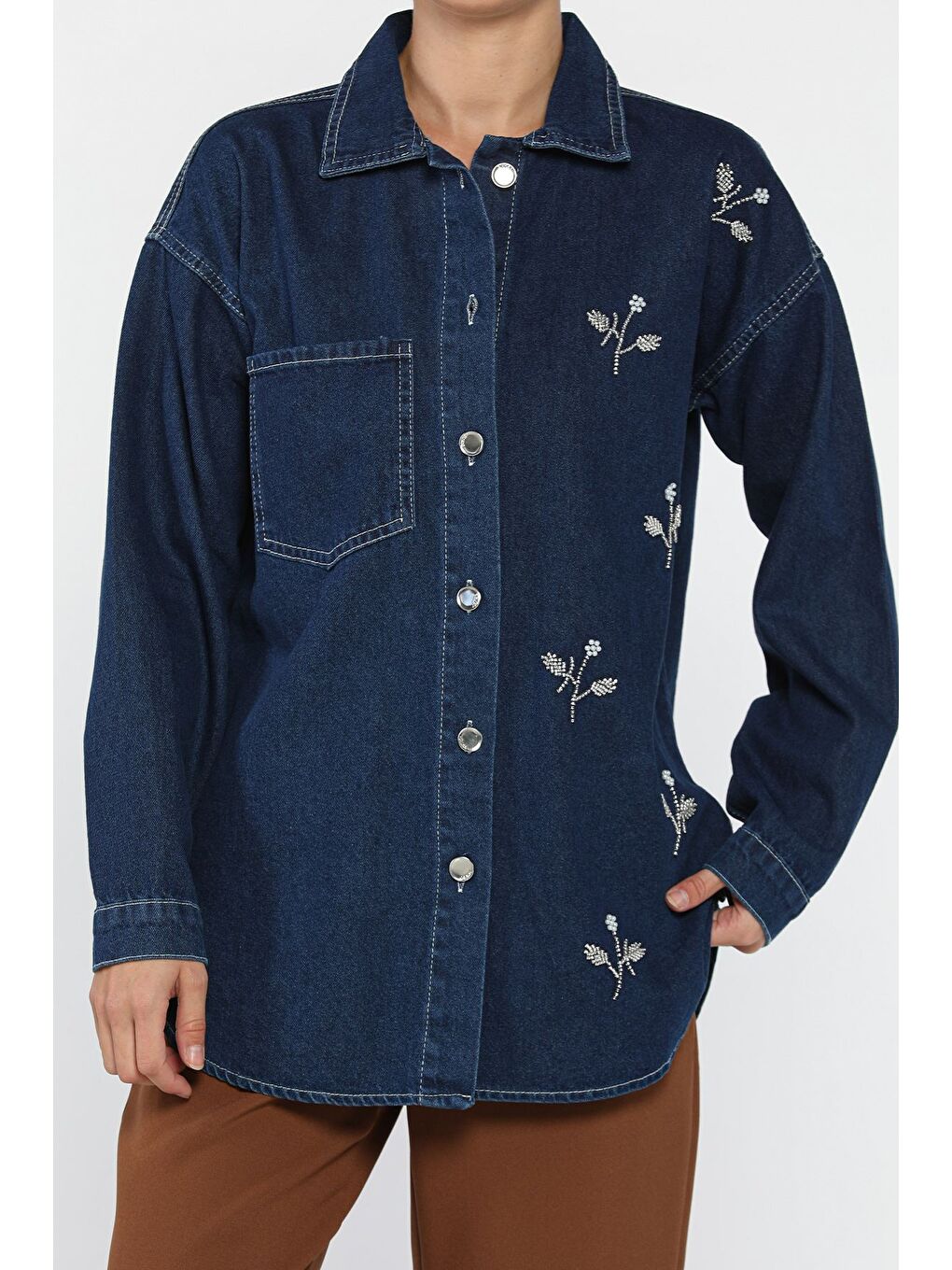 Lacivert Kadın Tek Cepli İnci Ve Taş İşlemeli Jean Ceket-1