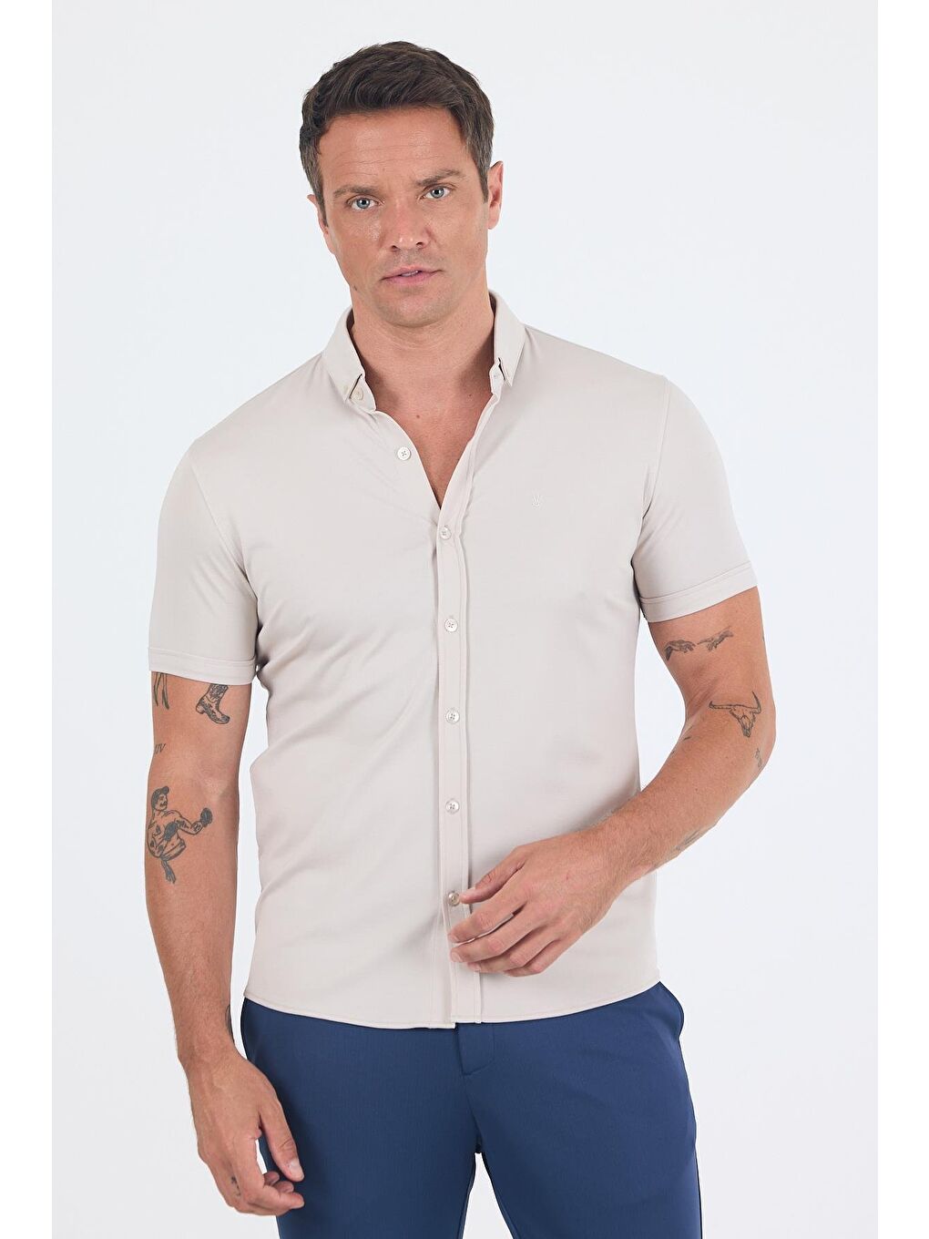 Bej Taş Rengi İtalyan Düğmeli Yaka Kısa Kol Cepsiz Slim Fit Büyük Beden Gömlek 1004250255-1