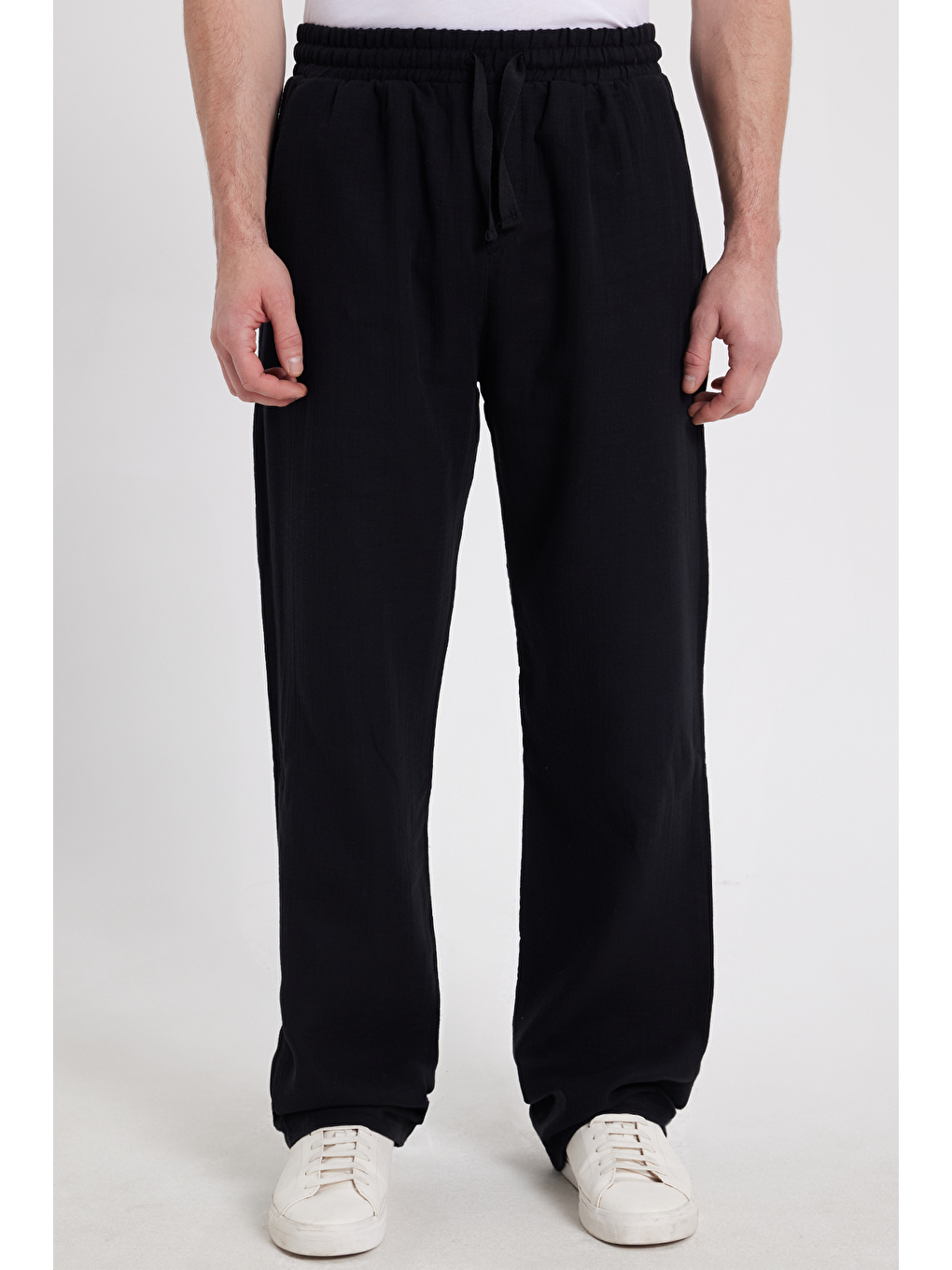 Erkek Baggy Fit Geniş Kesim %100 Pamuk Beli Lastikli Yandan Cepli Müslin Siyah Düz Pantolon