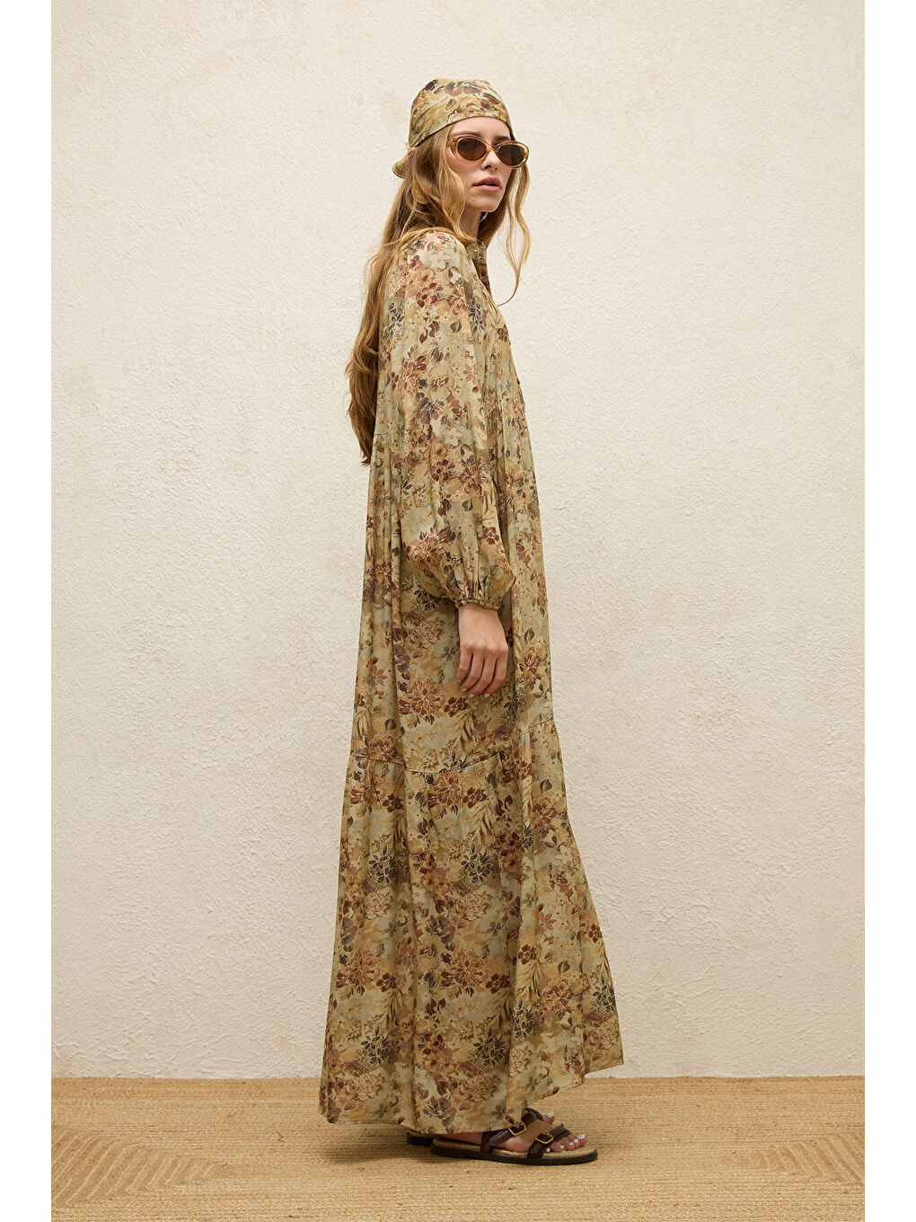 Bej Viskon Balon Kol Elbise Vıntage-5