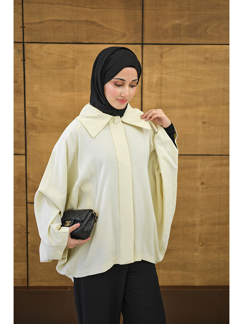 Kadın Gömlek Yaka Düğmeli Cep Detay Astarsız Oversize Tencele Panço Trenç Sarı-2