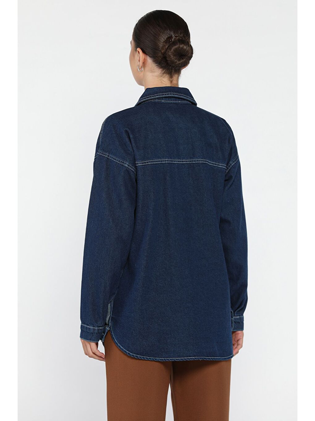 Lacivert Kadın Tek Cepli İnci Ve Taş İşlemeli Jean Ceket-2