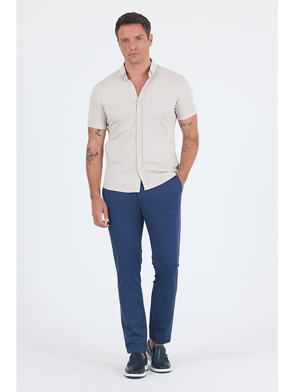 Bej Taş Rengi İtalyan Düğmeli Yaka Kısa Kol Cepsiz Slim Fit Büyük Beden Gömlek 1004250255-2