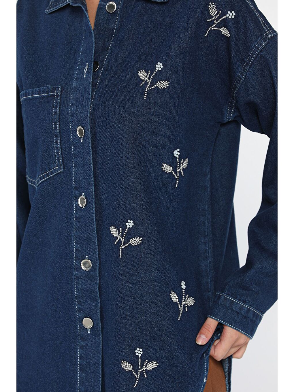 Lacivert Kadın Tek Cepli İnci Ve Taş İşlemeli Jean Ceket-3