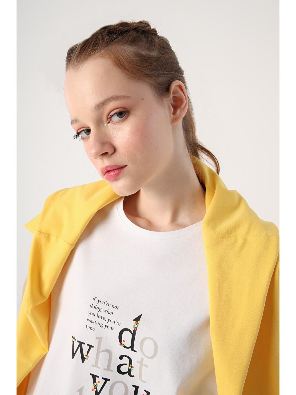 Beyaz %100 Pamuk Baskılı Bisiklet Yaka Kolsuz Tişört Tunik-3