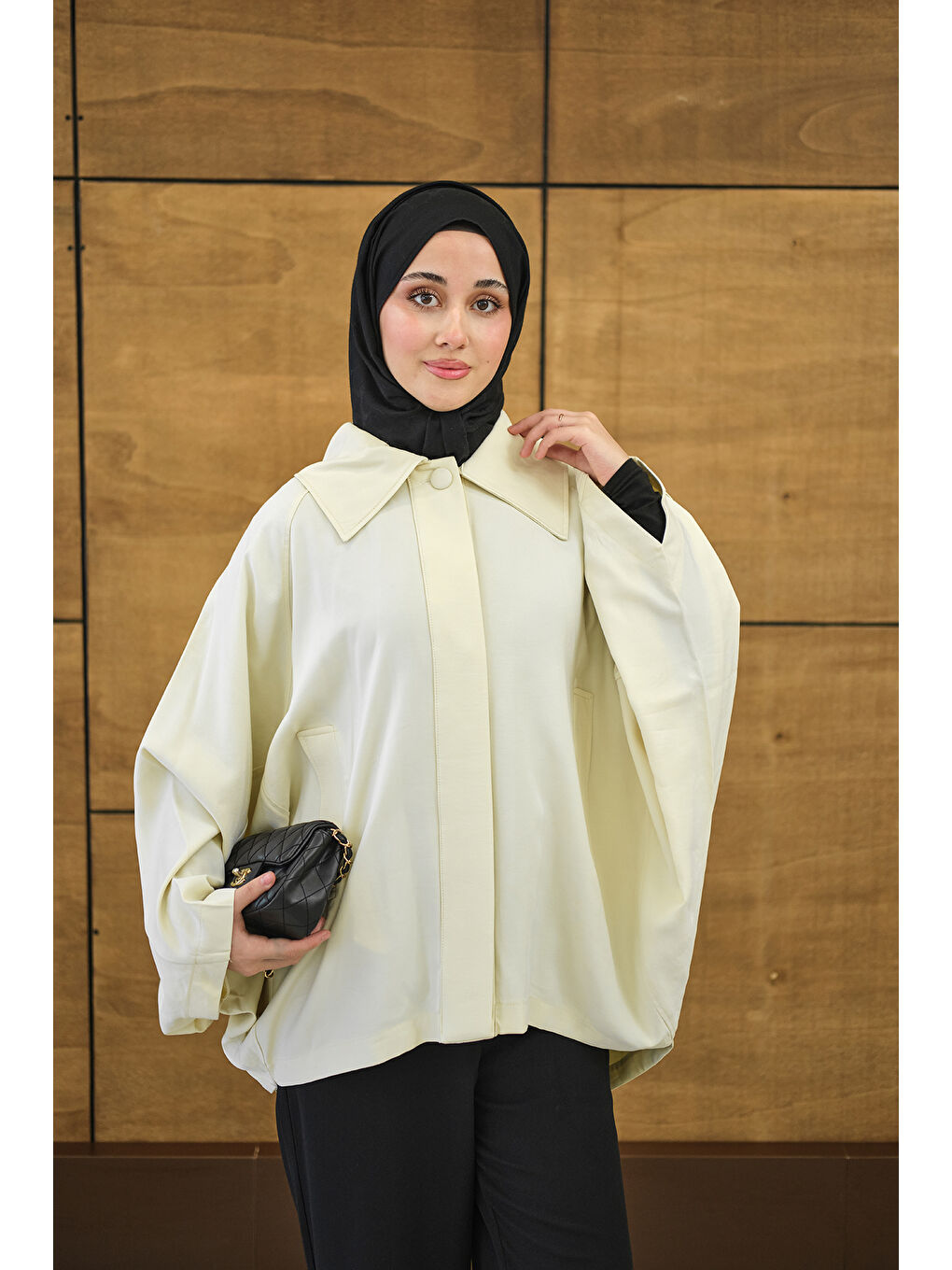 Kadın Gömlek Yaka Düğmeli Cep Detay Astarsız Oversize Tencele Panço Trenç Sarı-3