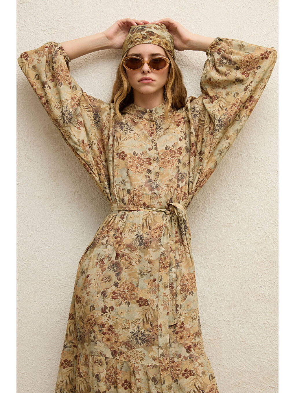 Bej Viskon Balon Kol Elbise Vıntage-6