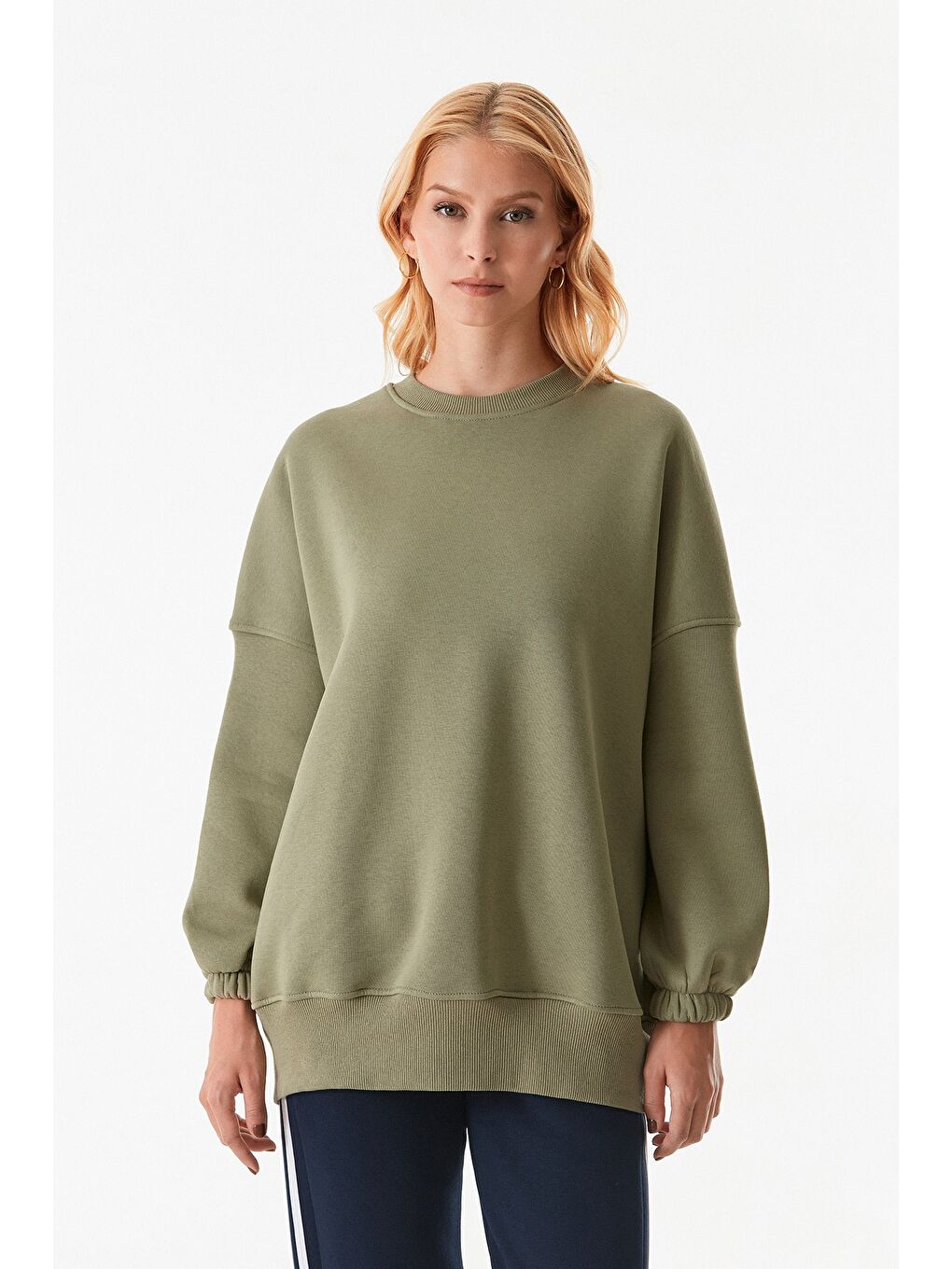 Fullamoda Haki Basic Bisiklet Yaka Sweatshirt