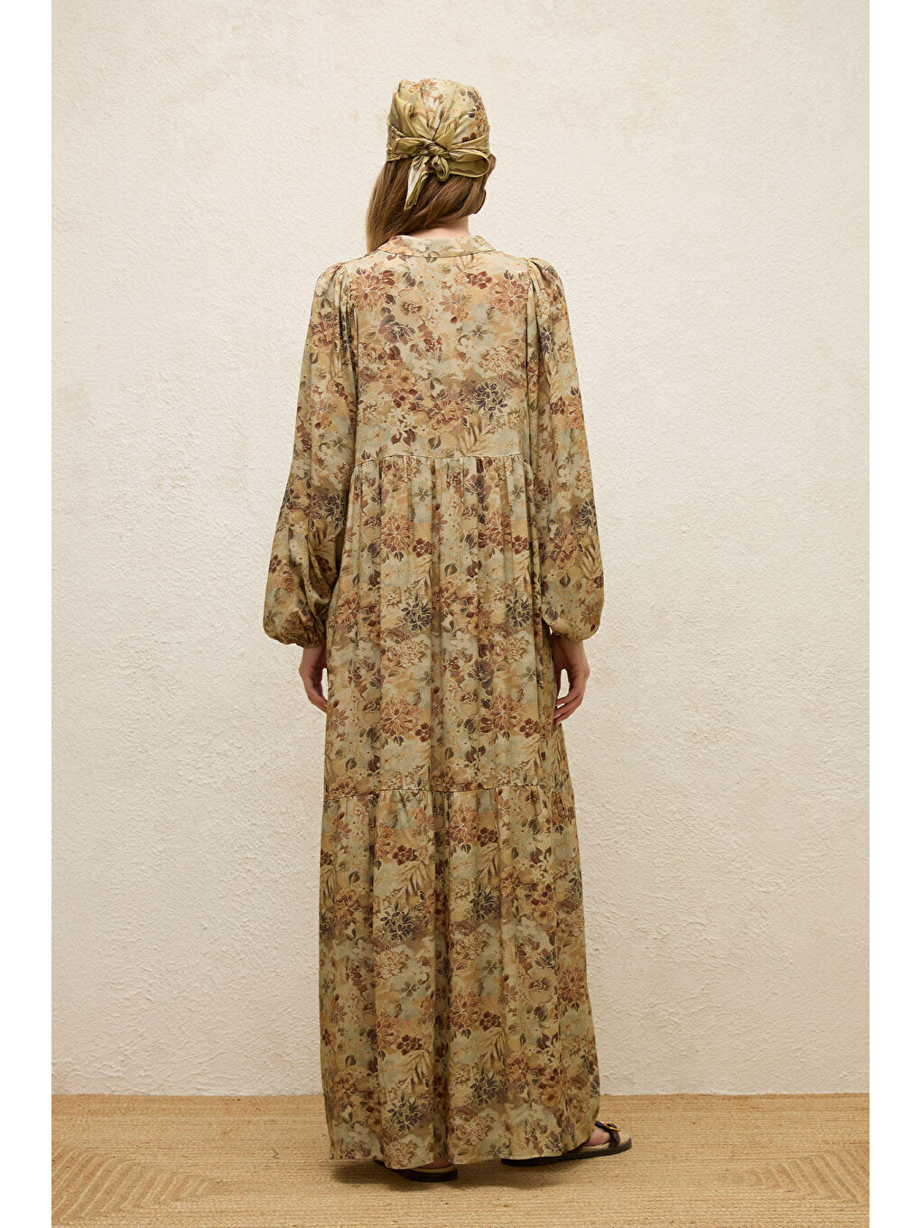 Bej Viskon Balon Kol Elbise Vıntage-7