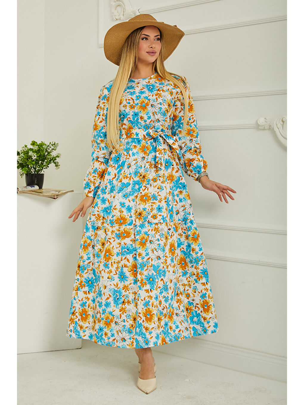 Desenli Kolu Büzgülü Elbise Bebe Mavi - 26619