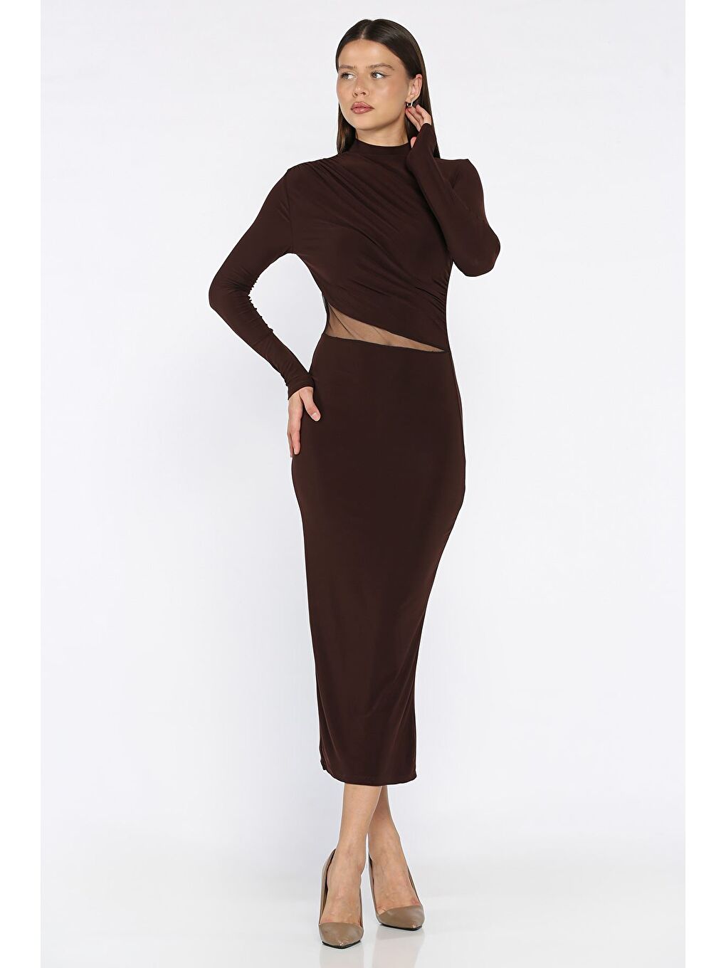 Kahverengi Kadın Omuz Ve Bel Drapeli Tül Detaylı Elastanlı Elbise