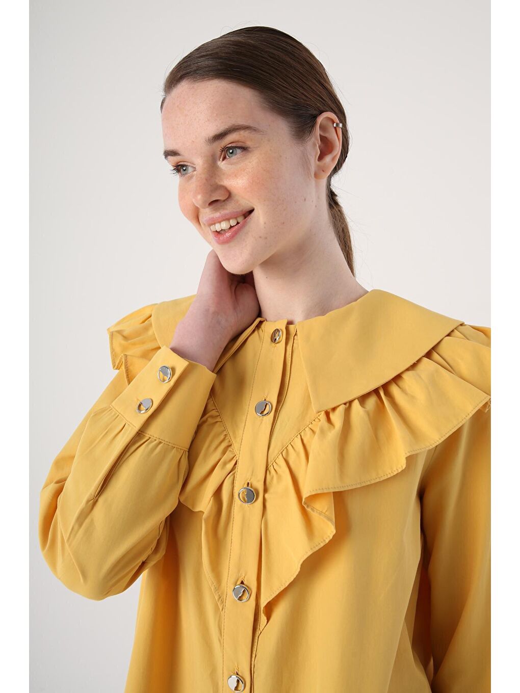Sarı Fırfırlı Büyük Yakalı Gömlek Tunik-4