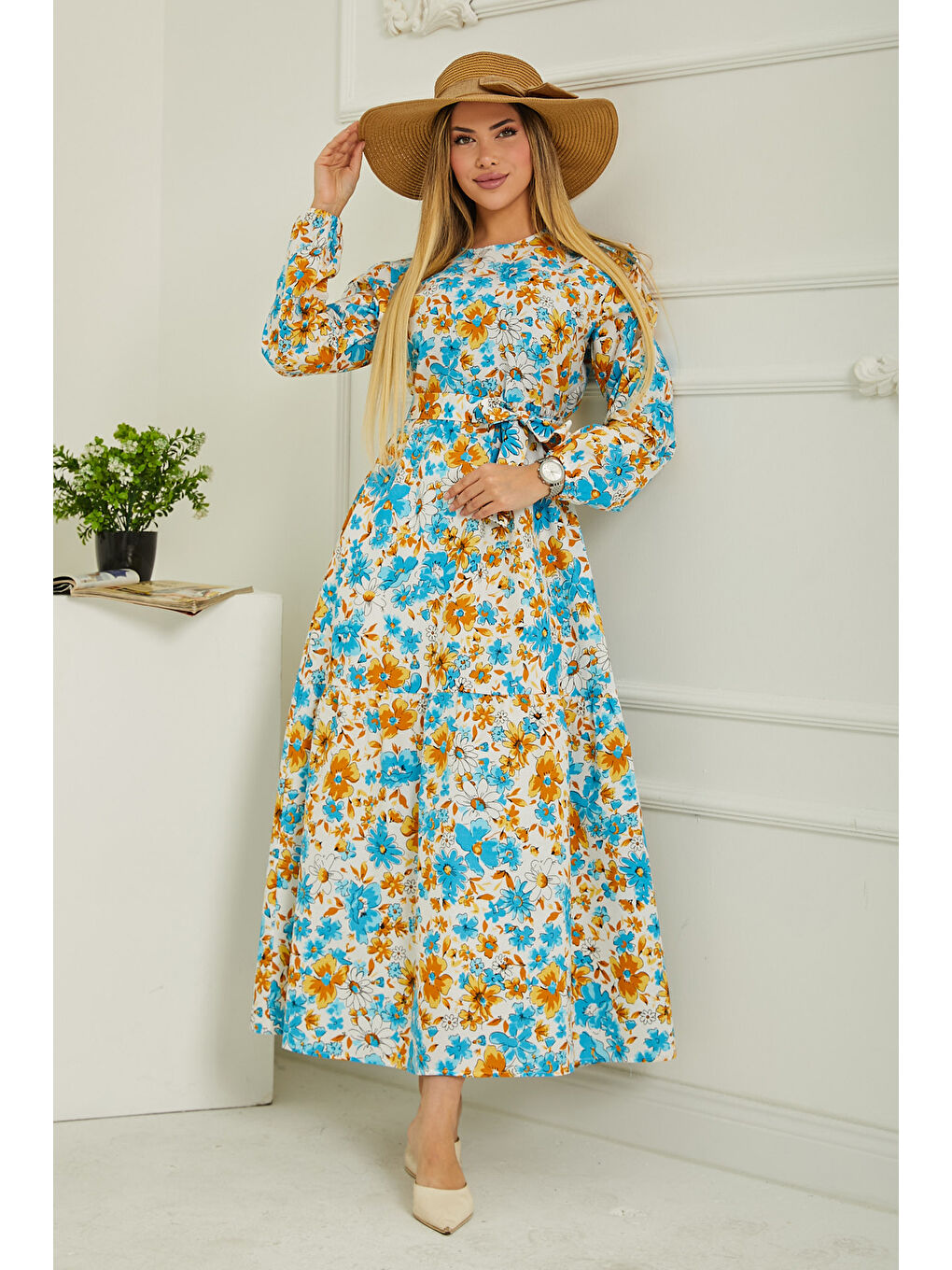 Desenli Kolu Büzgülü Elbise Bebe Mavi - 26619-1