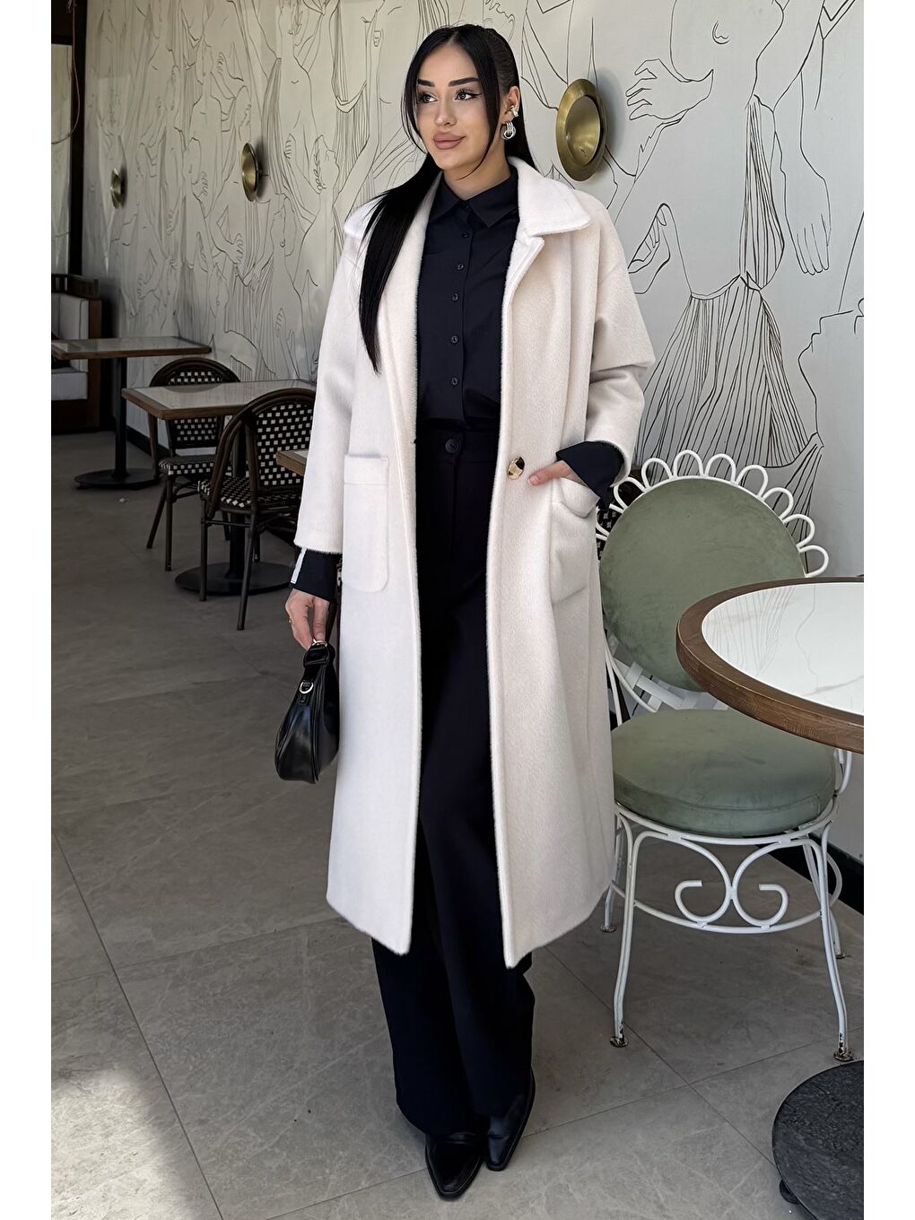 Ekru Kadın Gold Düğme Detaylı Bel Kuşaklı İç Astarlı Sakallı Kaban (s-m-l-xl Beden Uyumludur.)