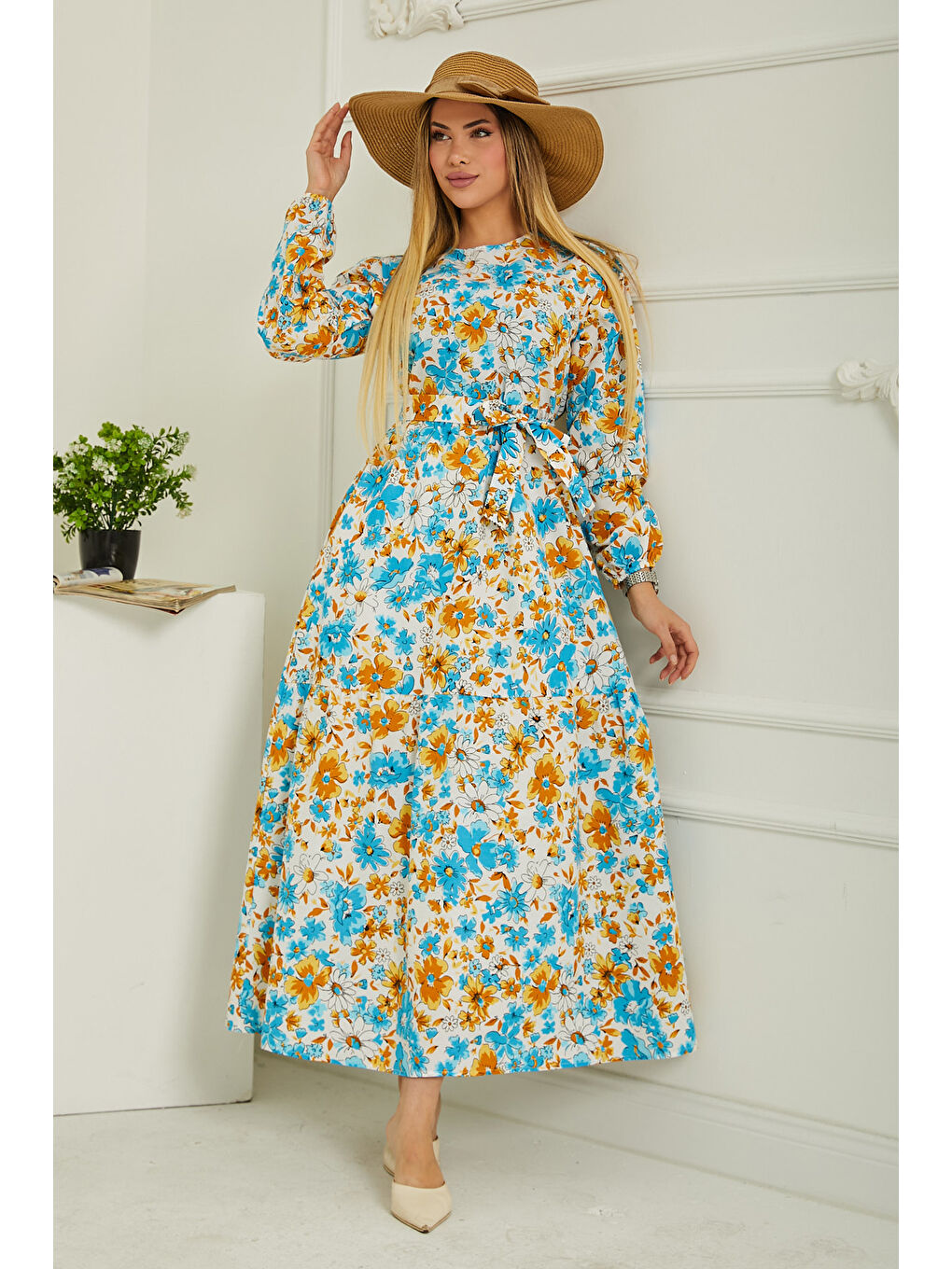 Desenli Kolu Büzgülü Elbise Bebe Mavi - 26619-3