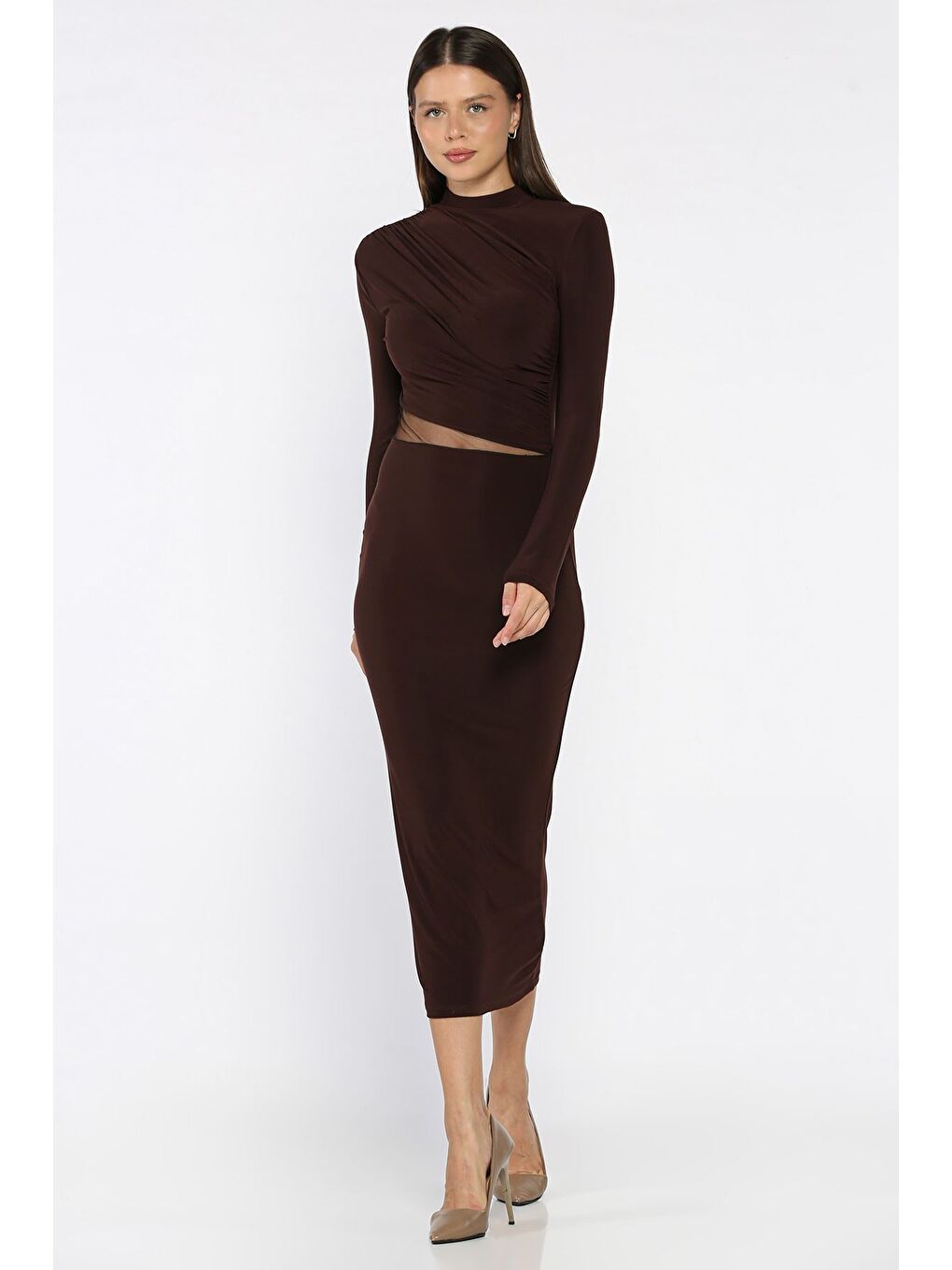 Kahverengi Kadın Omuz Ve Bel Drapeli Tül Detaylı Elastanlı Elbise-1