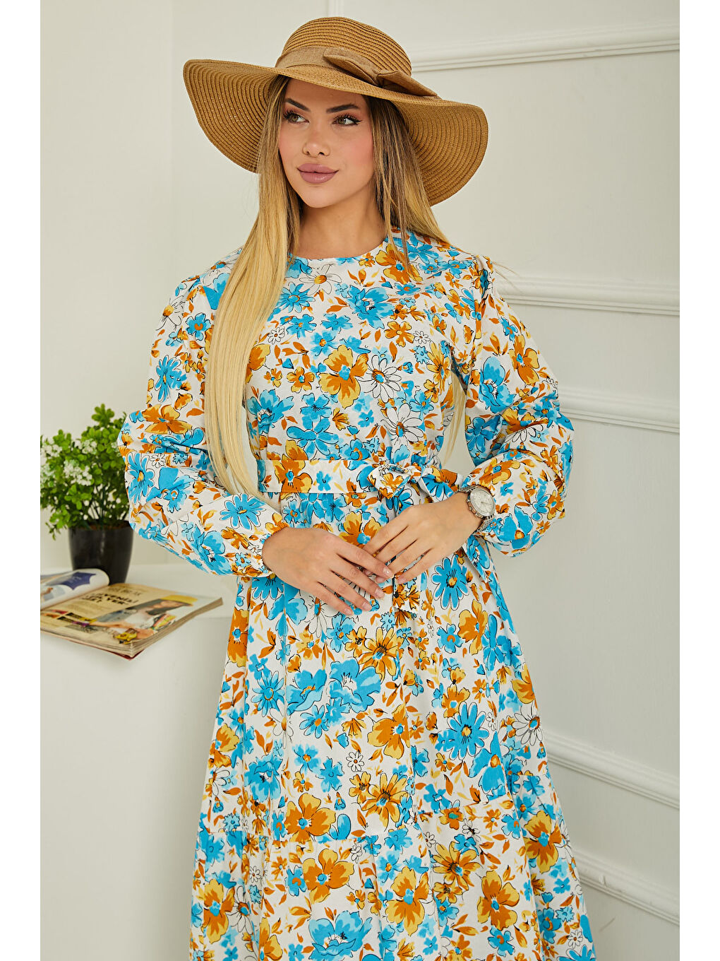 Desenli Kolu Büzgülü Elbise Bebe Mavi - 26619-4