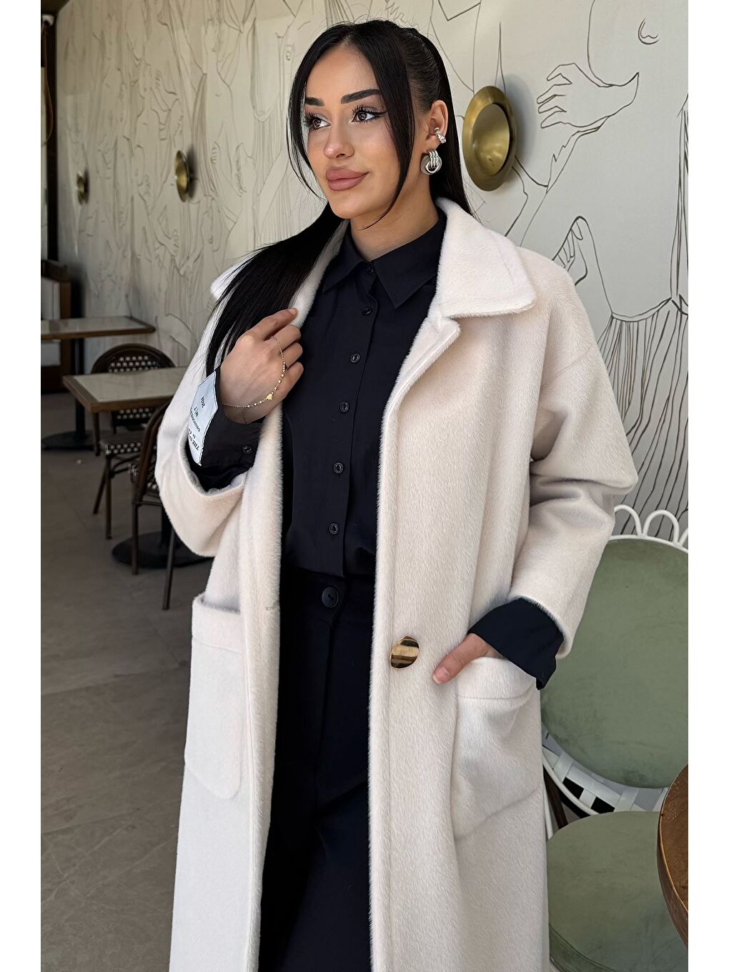 Ekru Kadın Gold Düğme Detaylı Bel Kuşaklı İç Astarlı Sakallı Kaban (s-m-l-xl Beden Uyumludur.)-1