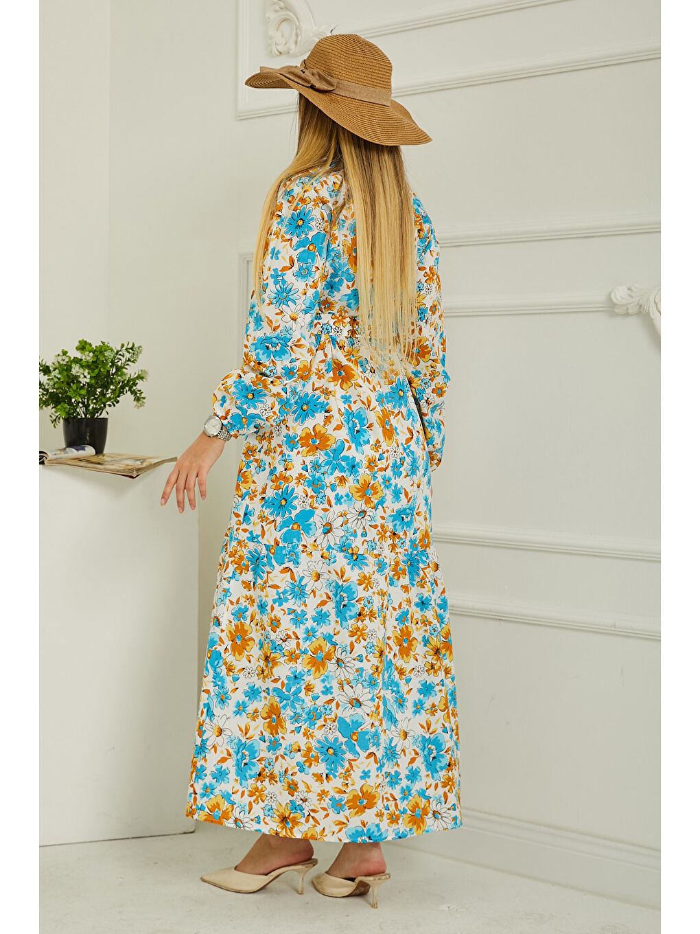 Desenli Kolu Büzgülü Elbise Bebe Mavi - 26619-5