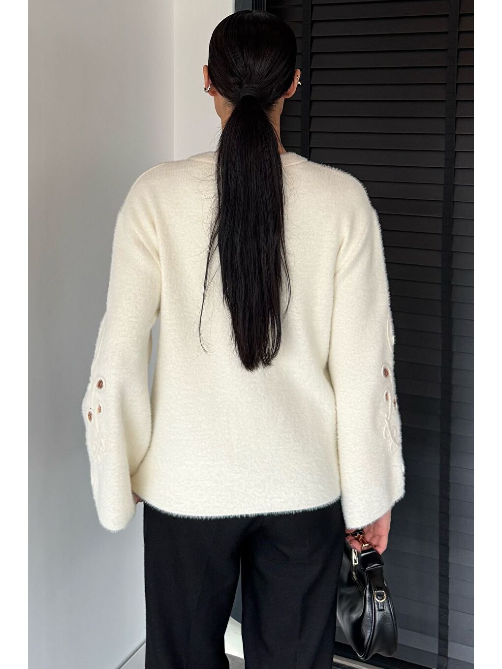 Ekru Kadın Bisiklet Yaka Kol İşlemeli Triko Kazak (s-m-l-xl Beden Uyumludur.)-3