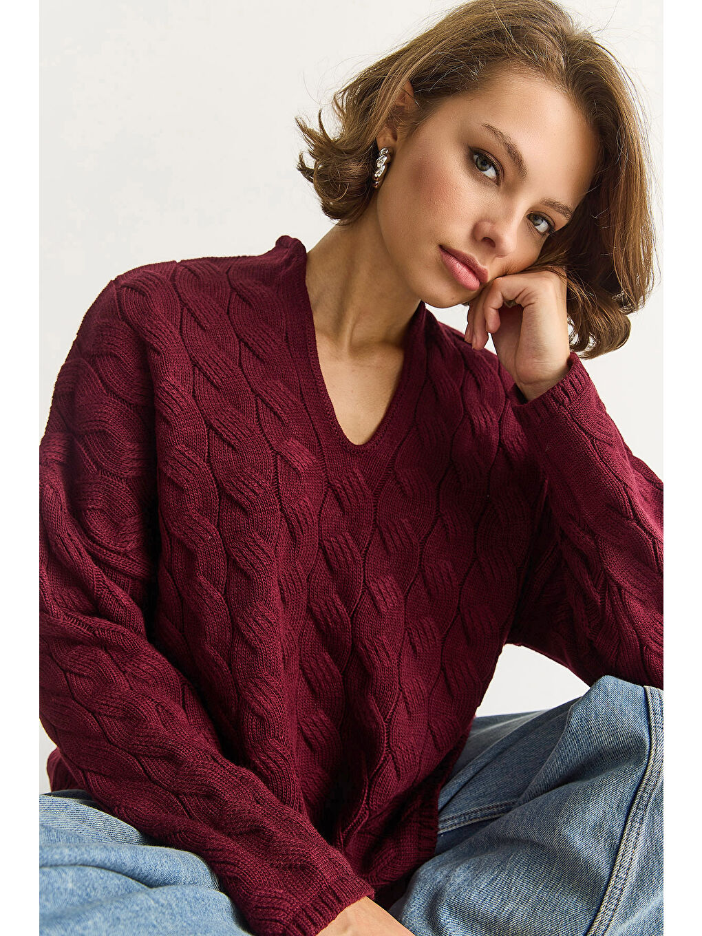 Bordo Kadın Oval Yaka Saç Örgü Oversize Triko Kazak TK