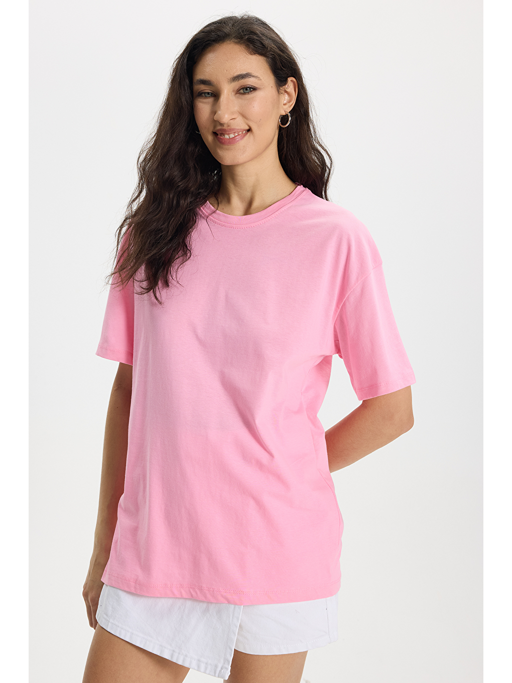 Kadın Slim Fit Dar Kesim %100 Pamuk Kısa Kollu Bisiklet Yaka Pembe Tişört