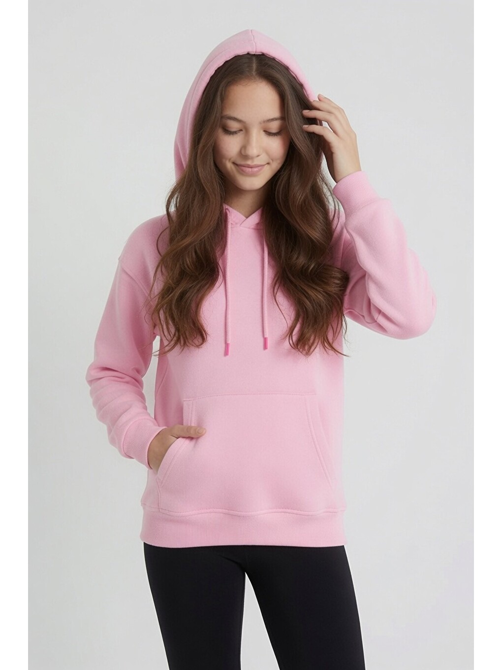 Pembe Kız Çocuk Kanguru Cepli Şardonlu Kapüşonlu Sweatshirt 24688
