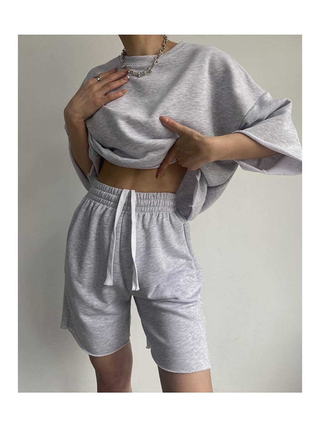 Beyaz Gama Oversize Karmelanj Şort T-shirt Takım