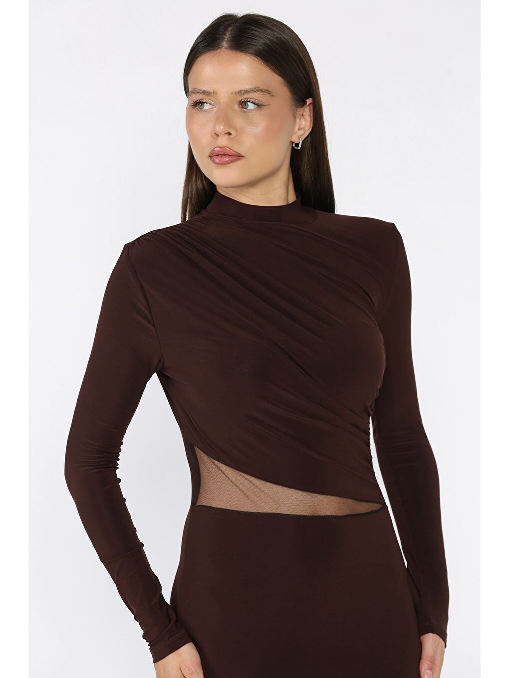 Kahverengi Kadın Omuz Ve Bel Drapeli Tül Detaylı Elastanlı Elbise-3