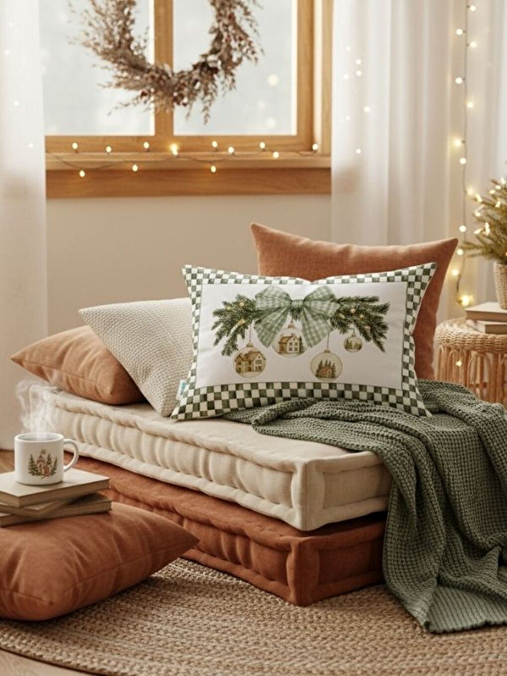 Yeşil Yılbaşı Süsü Desen Kadife Dikdörtgen Kırlent Kılıfı 35x55 cm Çift Taraf Baskılı Fermuarlı-1