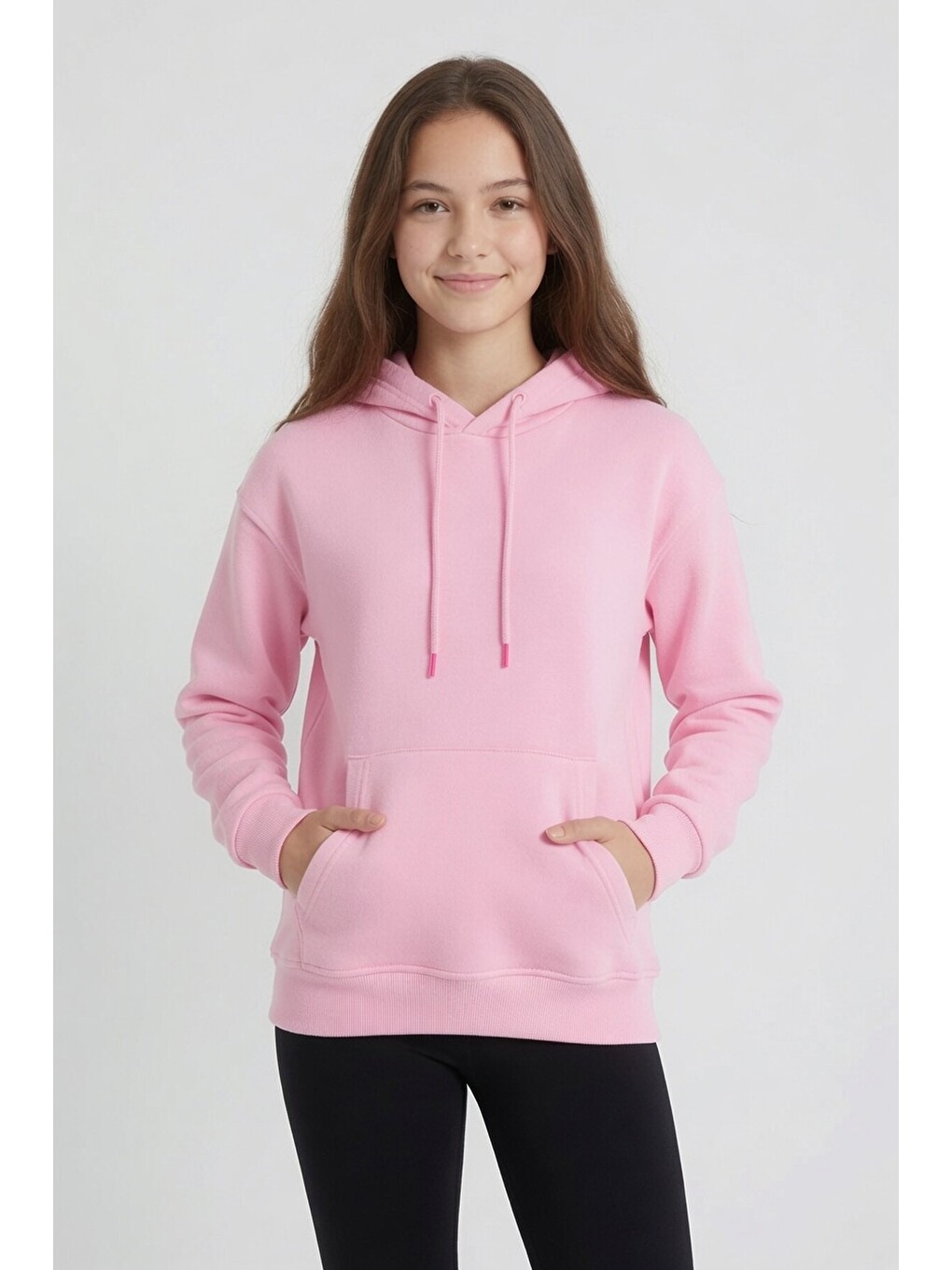 Pembe Kız Çocuk Kanguru Cepli Şardonlu Kapüşonlu Sweatshirt 24688-1