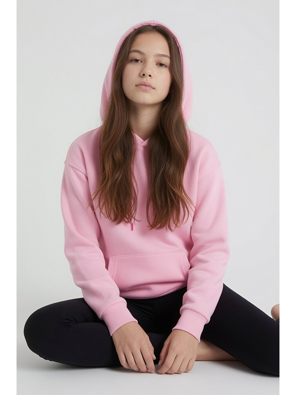 Pembe Kız Çocuk Kanguru Cepli Şardonlu Kapüşonlu Sweatshirt 24688-2