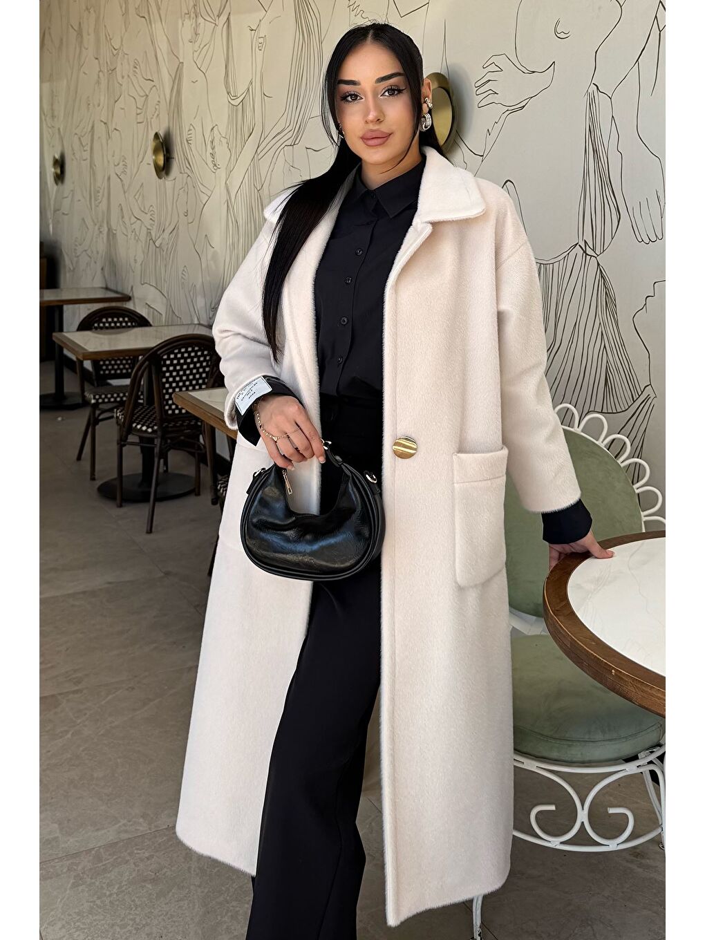 Ekru Kadın Gold Düğme Detaylı Bel Kuşaklı İç Astarlı Sakallı Kaban (s-m-l-xl Beden Uyumludur.)-2