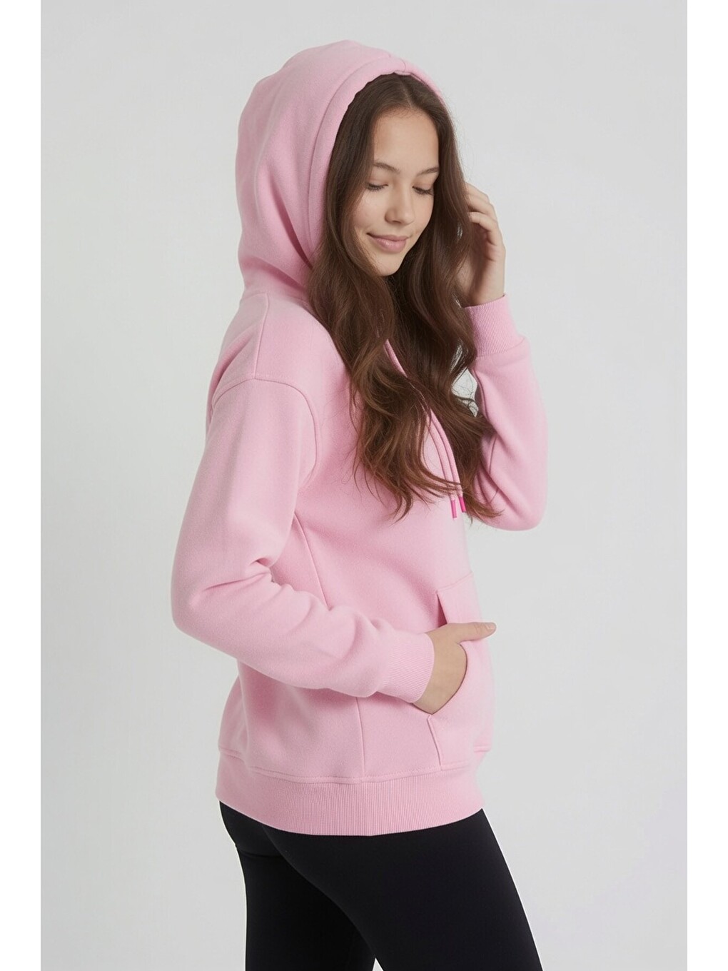 Pembe Kız Çocuk Kanguru Cepli Şardonlu Kapüşonlu Sweatshirt 24688-3