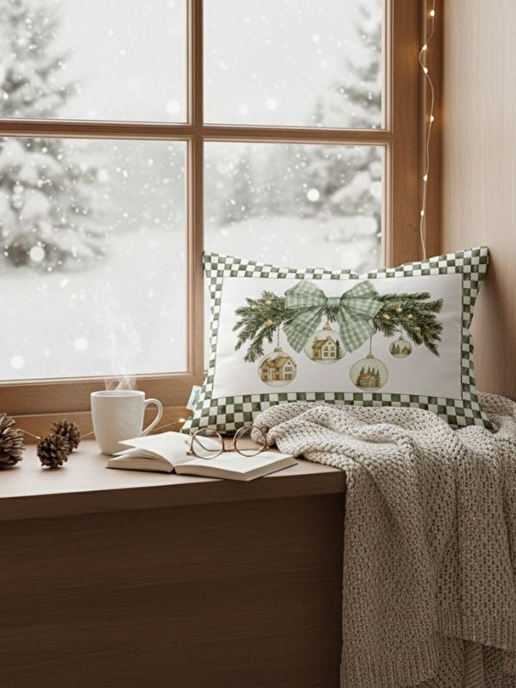 Yeşil Yılbaşı Süsü Desen Kadife Dikdörtgen Kırlent Kılıfı 35x55 cm Çift Taraf Baskılı Fermuarlı-2