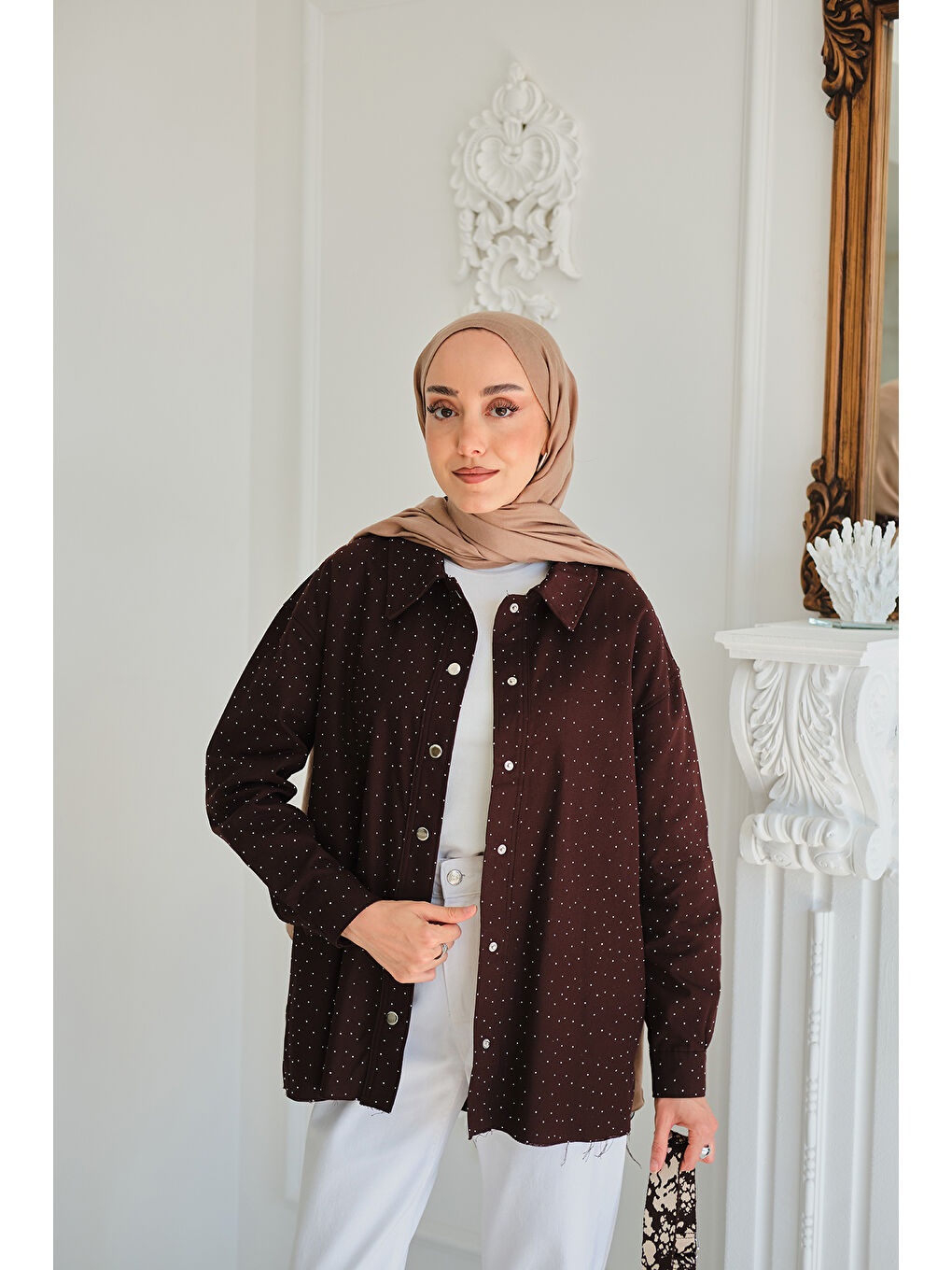 Kadın Taşlı Gabardin Gömlek Kahverengi