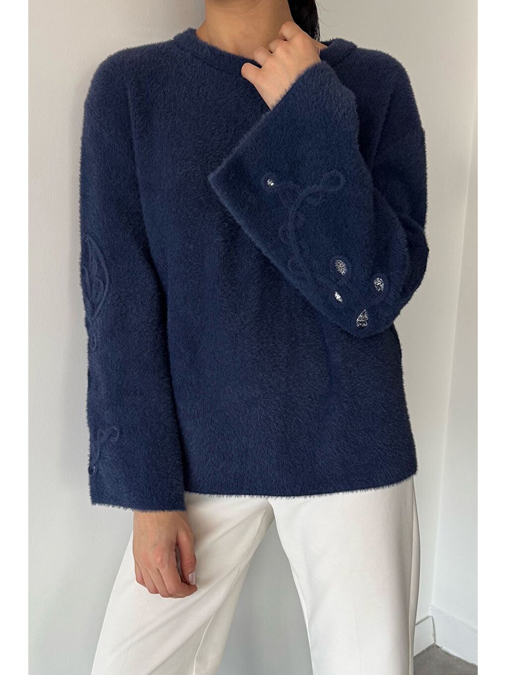 Lacivert Kadın Bisiklet Yaka Kol İşlemeli Triko Kazak (s-m-l-xl Beden Uyumludur.)