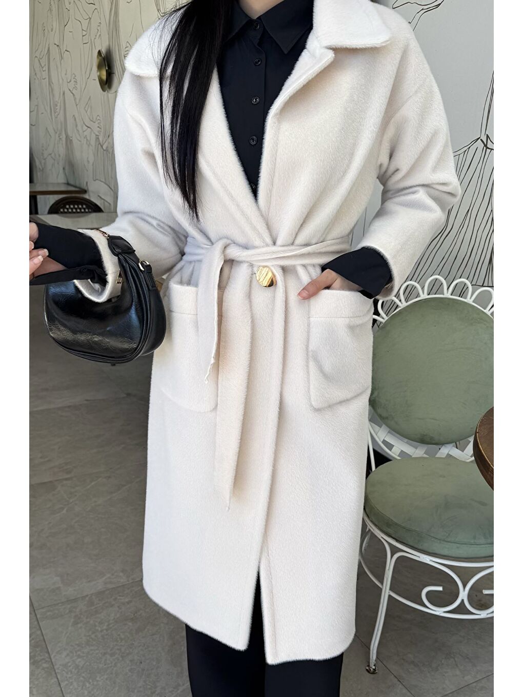 Ekru Kadın Gold Düğme Detaylı Bel Kuşaklı İç Astarlı Sakallı Kaban (s-m-l-xl Beden Uyumludur.)-3