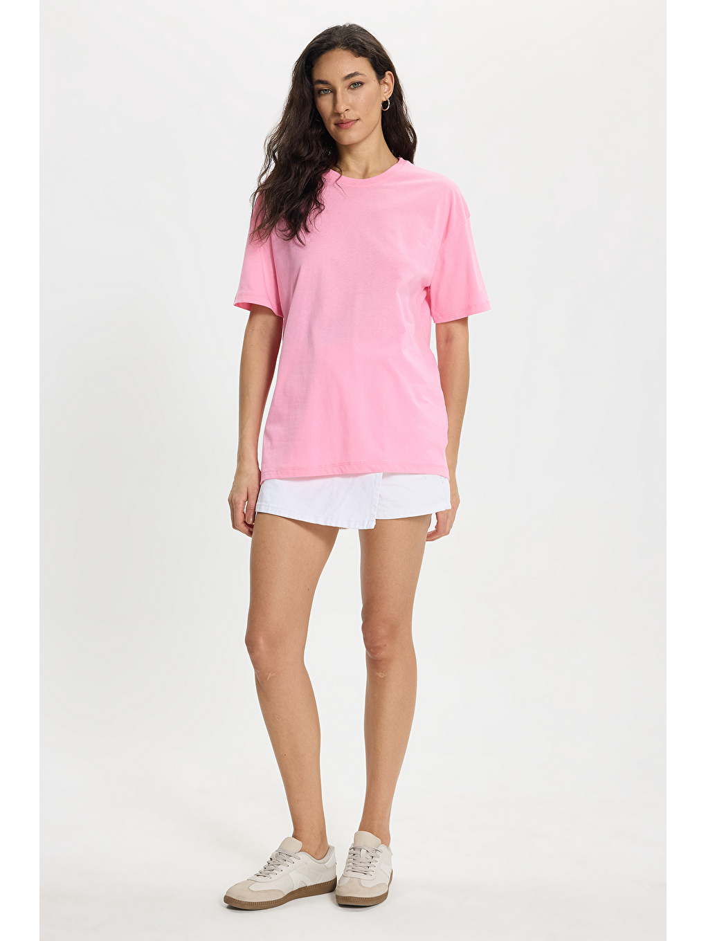 Kadın Slim Fit Dar Kesim %100 Pamuk Kısa Kollu Bisiklet Yaka Pembe Tişört-1