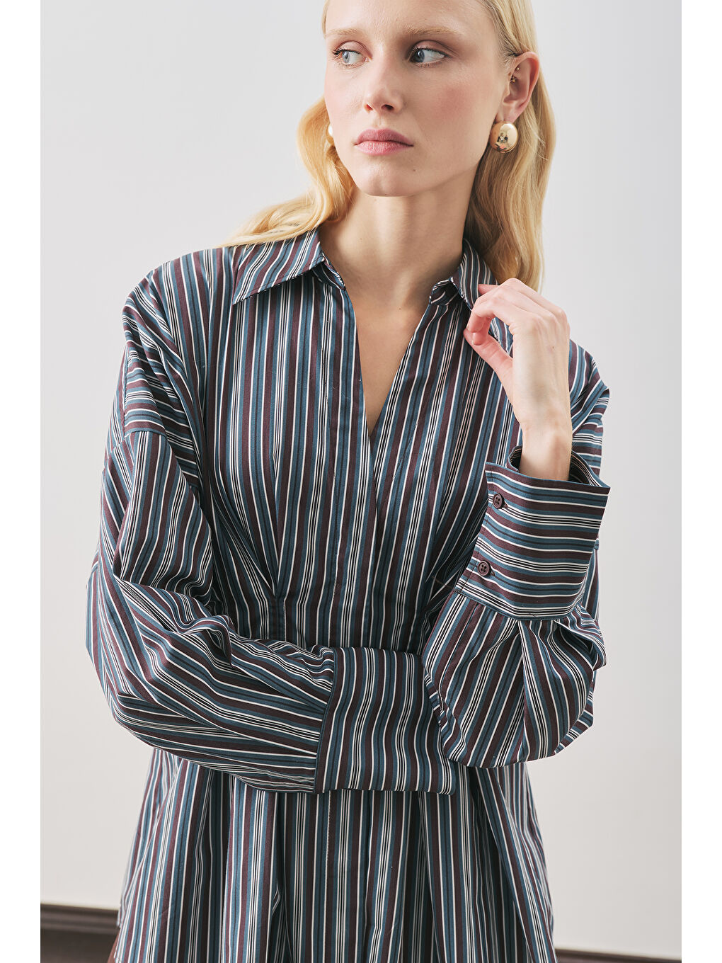 Bej Pile Detaylı Gömlek Kahve Çizgili-1