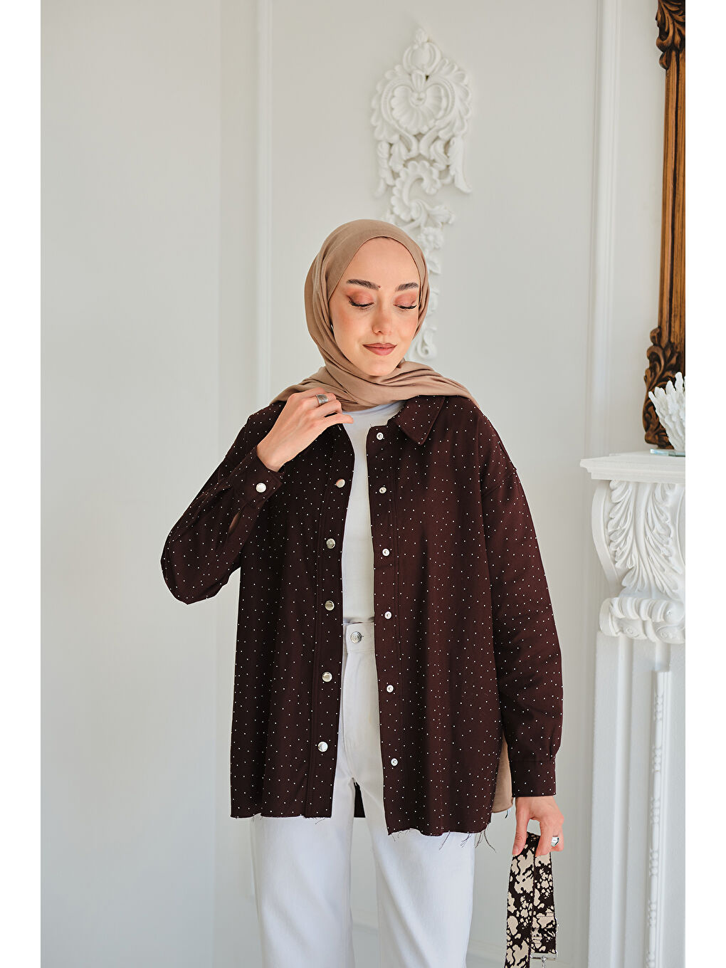Kadın Taşlı Gabardin Gömlek Kahverengi-1