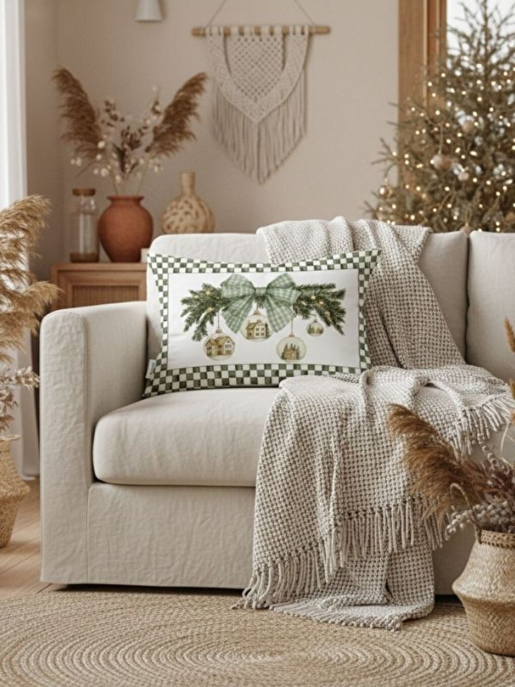 Yeşil Yılbaşı Süsü Desen Kadife Dikdörtgen Kırlent Kılıfı 35x55 cm Çift Taraf Baskılı Fermuarlı-3